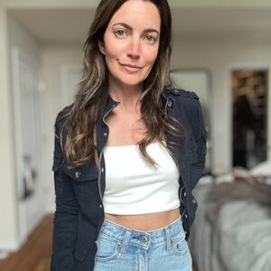 Navy Jacket with White Crop Top